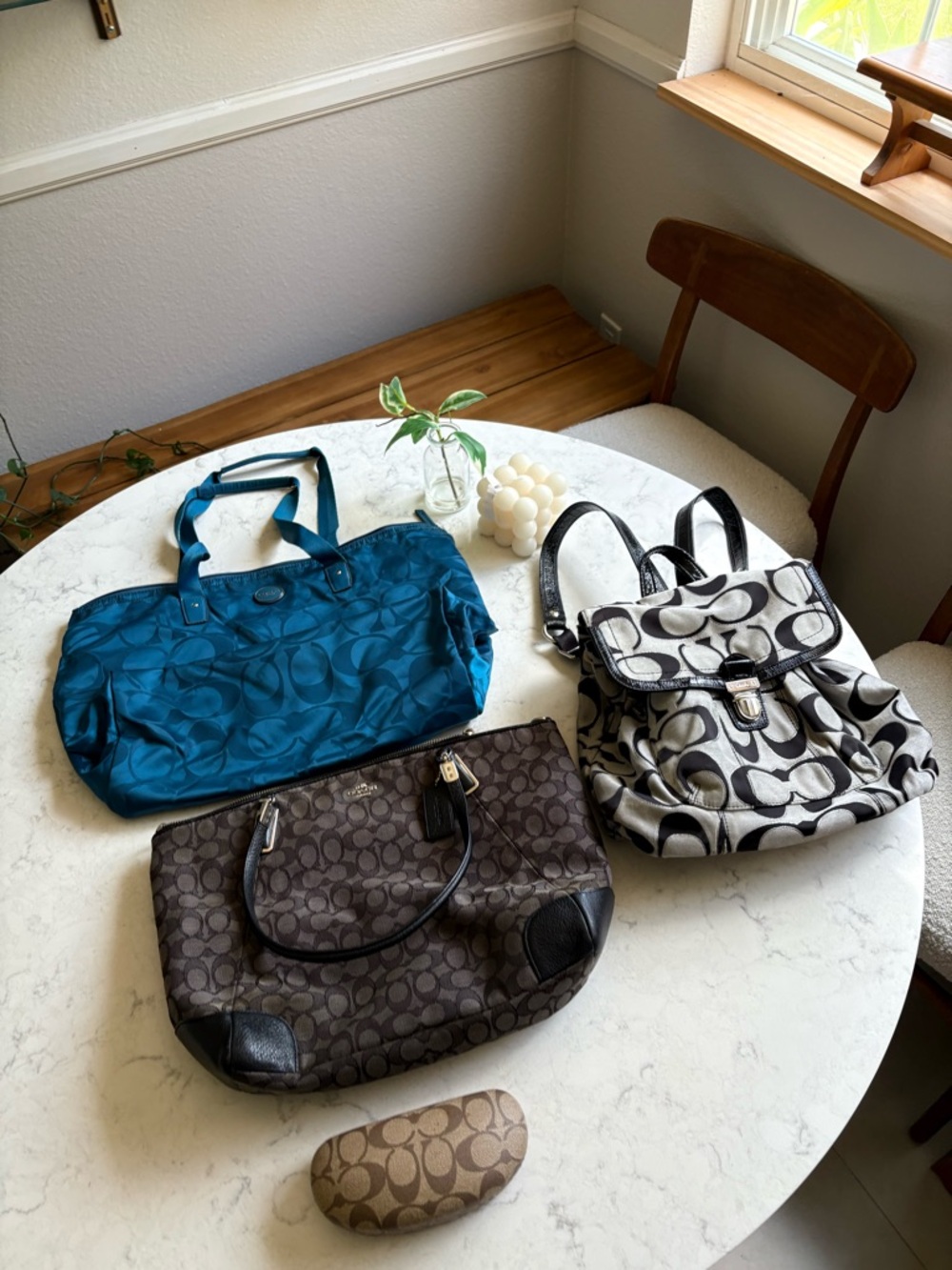 Coach Signature Canvas Tote and Backpack Set - Teal, Brown, Black/White